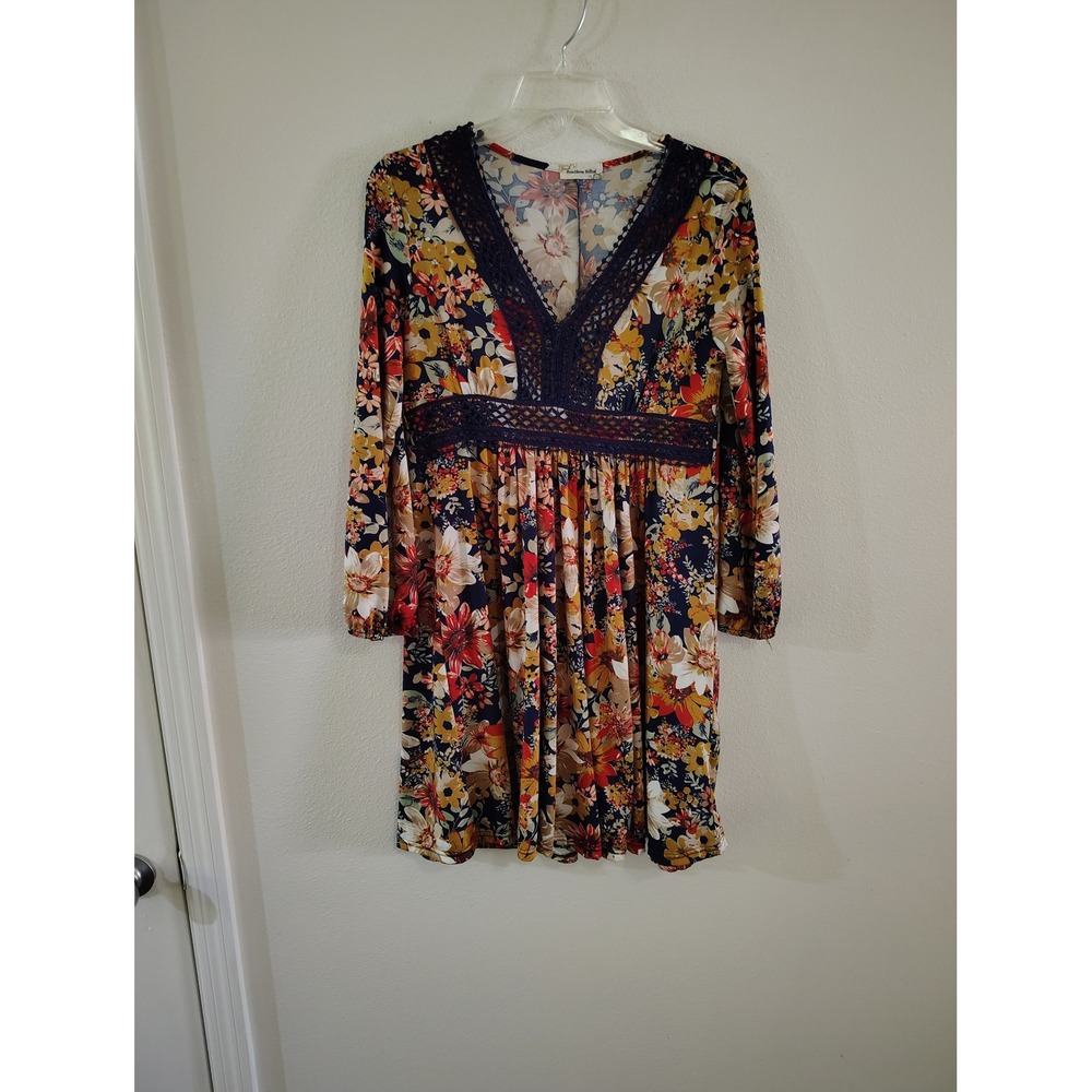 Southern Stitch Floral Lace Trim V-Neck Mini Dress Medium Long Sleeve Boho